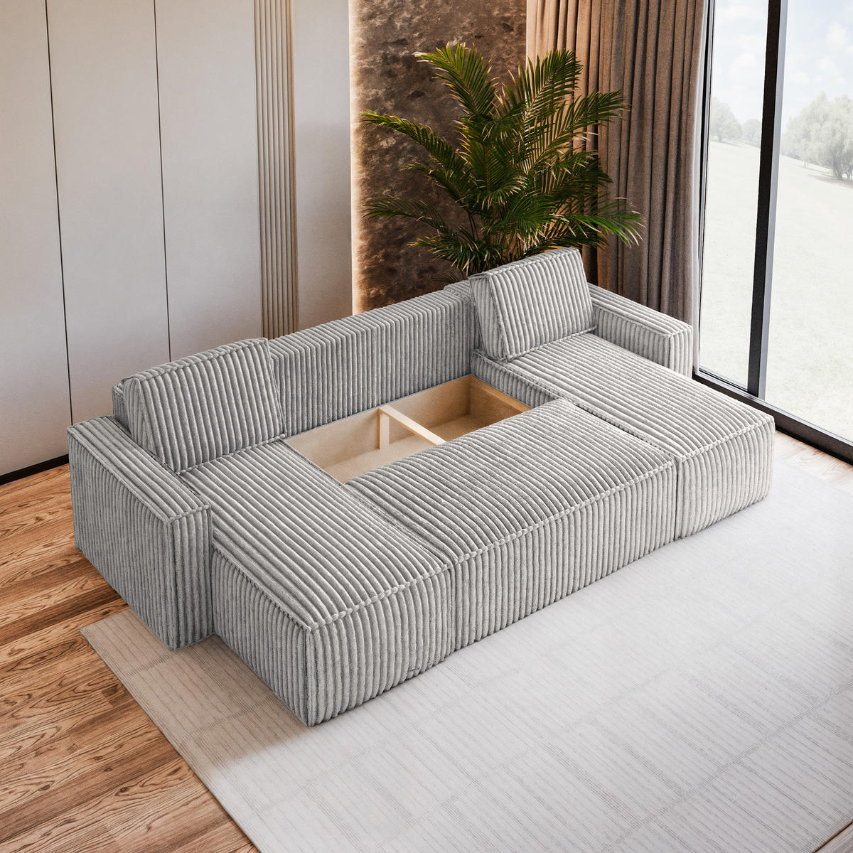 WOHNLANDSCHAFT PESANO T Hellgrau Kordstoff mit Schlaffunktion - Hellgrau, Holz (306/85/140cm) - MASSENO