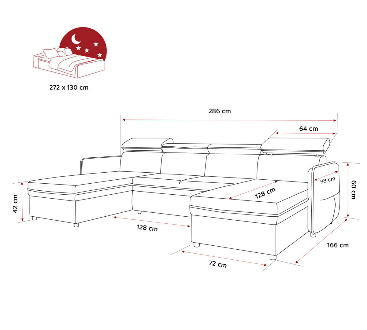 WOHNLANDSCHAFT U-Form Beni mit Schlaffunktion, Cord-Stoff Poso 135 Schwarz - Schwarz, Holzwerkstoff (286/60/166cm) - Idohome