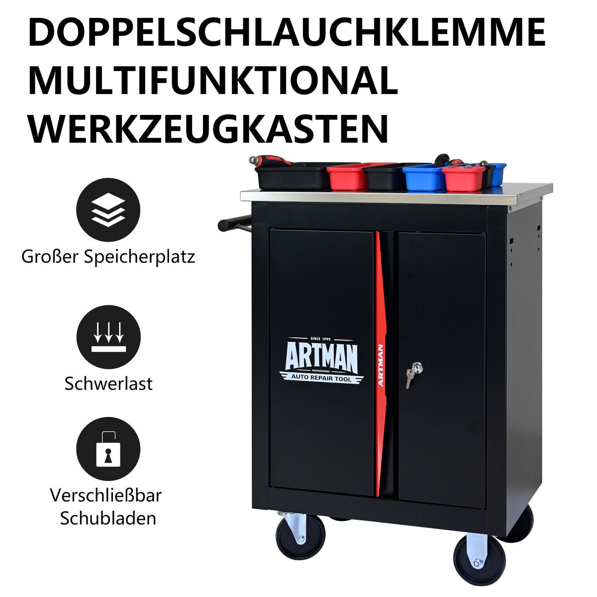 WERKZEUGWAGEN Metall Schwarz/Rot – Doppeltür, multifunktional, Werkstattwagen mit Stauraum für Garage & Werkstatt - Schwarz, Metall (34.5/78/62.5cm) - Ej. Life
