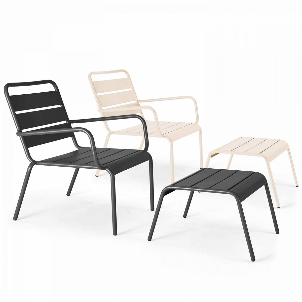 RELAXSESSEL MIT HOCKER 2-tlg., Grau/Elfenbeinfarbe - Beige, Metall (64/72/60cm) - Oviala