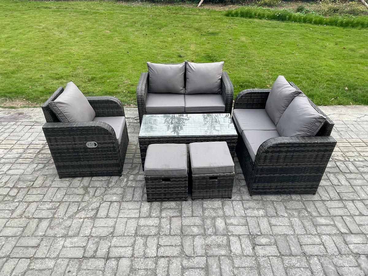 GARTENMÖBEL SET mit Sofa Polyrattan 7-Sitzer Dunkelgrau - Dunkelgrau/Grau, Glas/Kunststoff - Fimous