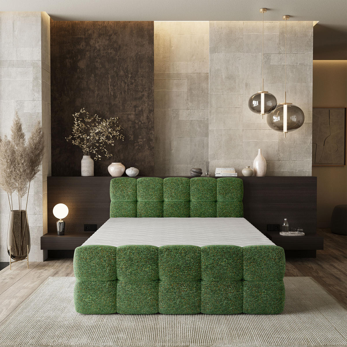 BOXBETT BRUME 180x200 cm mit Matratze und Topper, H2+H3 - Grün - Grün, Holz (180/200cm) - MASSENO