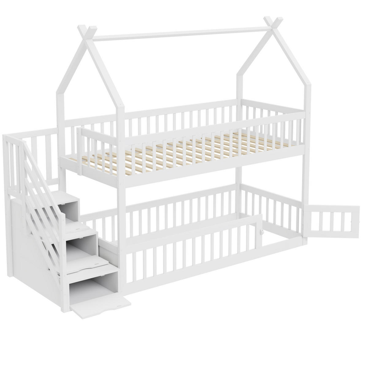 ETAGENBETT 90/200 cm weiß aus Kiefernholz mit Dach und Treppe - Weiß, Holzwerkstoff (90/200cm) - OKWISH