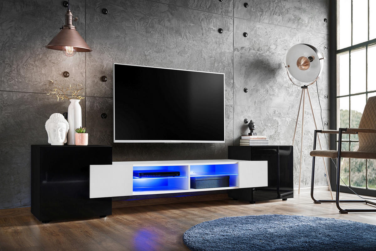 LOWBOARD MERANO Black, Blau LED Beleuchtung - Schwarz/Weiß, Glas/Holzwerkstoff (230/52.5/35cm) - Komodee