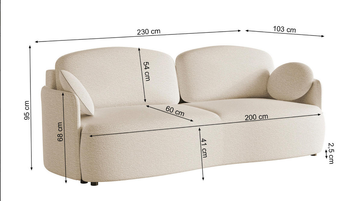 SOFA Raviolo Creme mit Bouclé-Bezug - Creme/Schwarz, Kunststoff/Textil (230/95/103cm) - Selsey