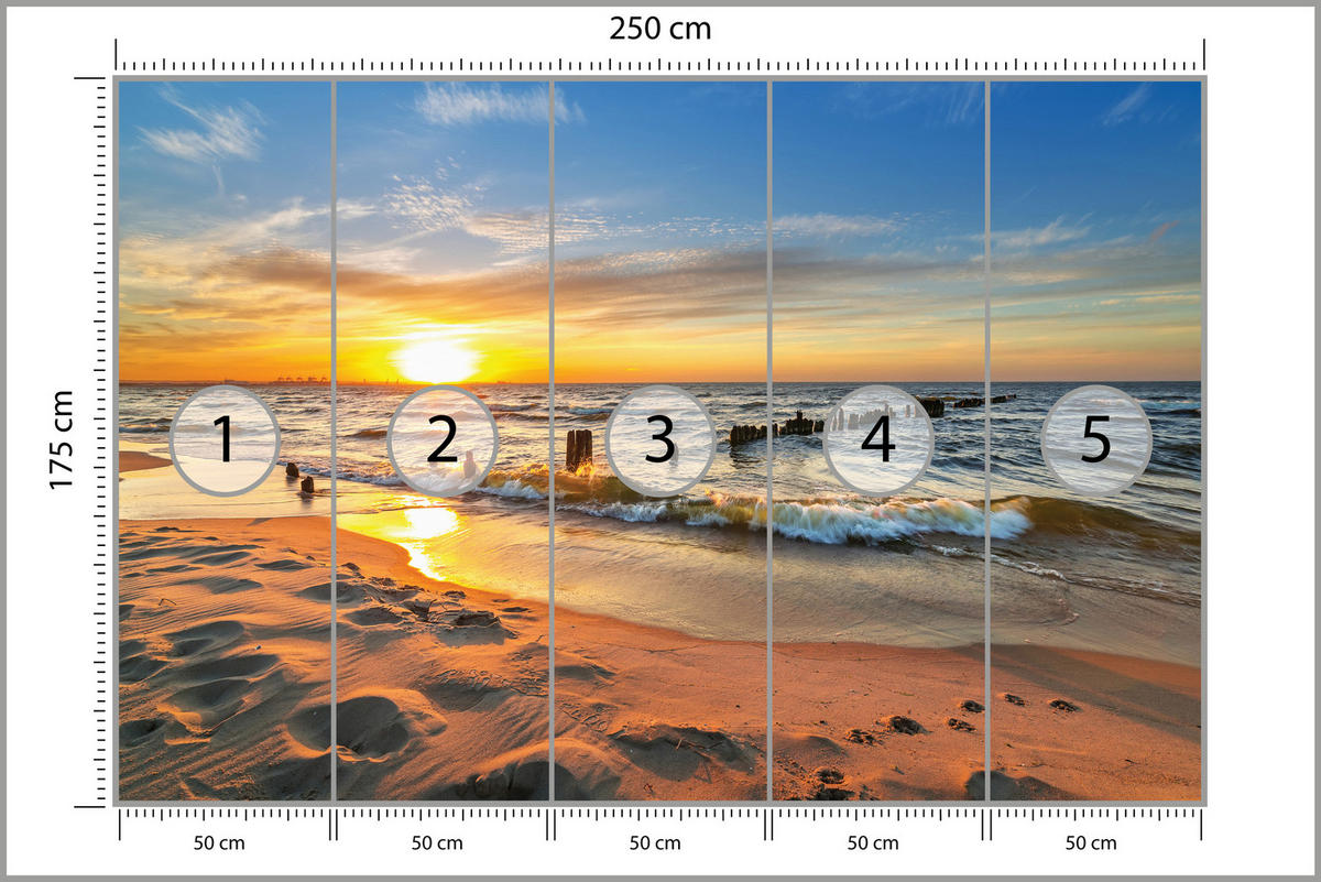 FOTOTAPETE für Schlafzimmer Sonnenuntergang Meer Landschaft Strand 250x175 - Beige/Orange, Papier (250/175cm) - Muralo