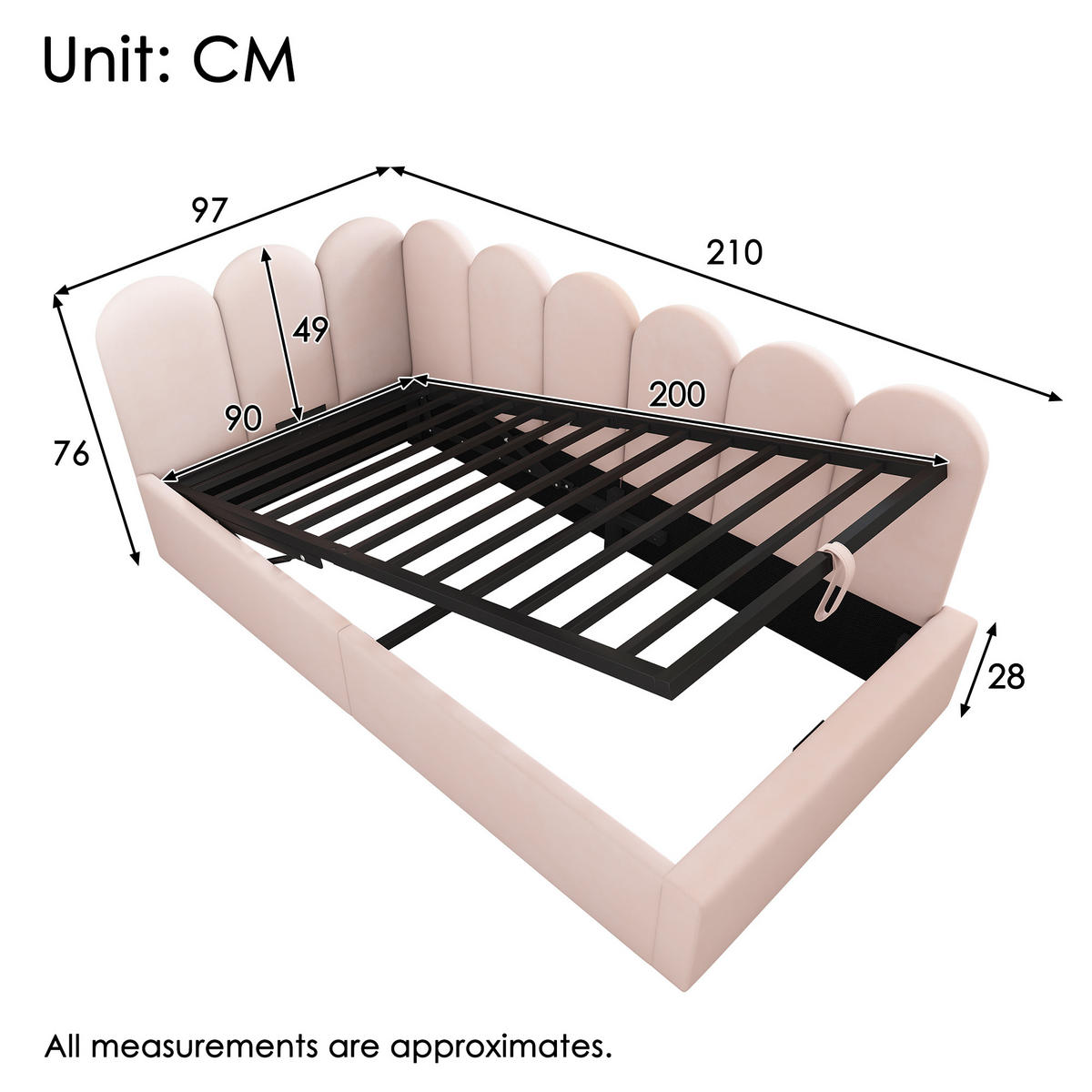 POLSTERBETT 90/200 cm Rosa mit hydraulischem Stauraum - Pink, Textil (90/200cm) - OKWISH