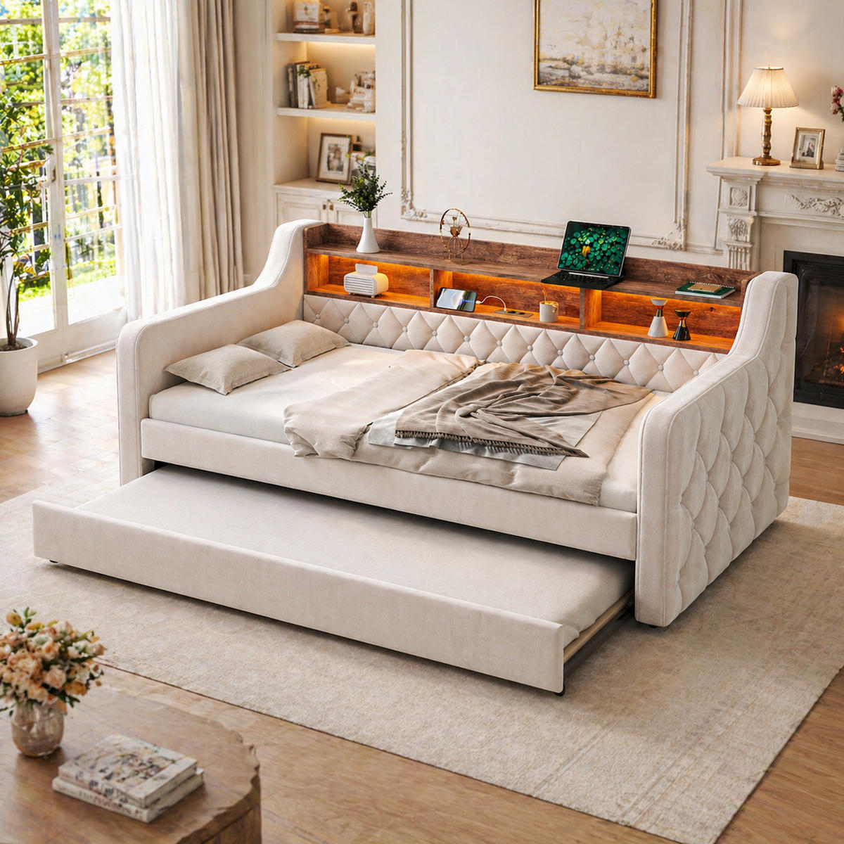 BETT 90/190 cm Beige aus Samt mit Stauraum, LED und USB-C - Beige, Textil (90/190cm) - OKMYHOME