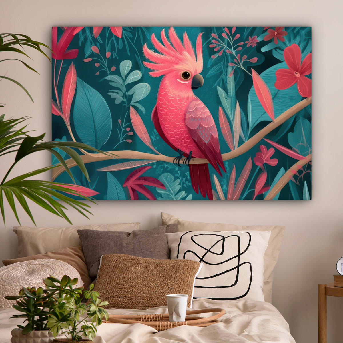 LEINWANDBILD Kakadu - Tropische Blätter - Zweig XXL 150x100 cm - Petrol, Textil (150/100cm) - MuchoWow