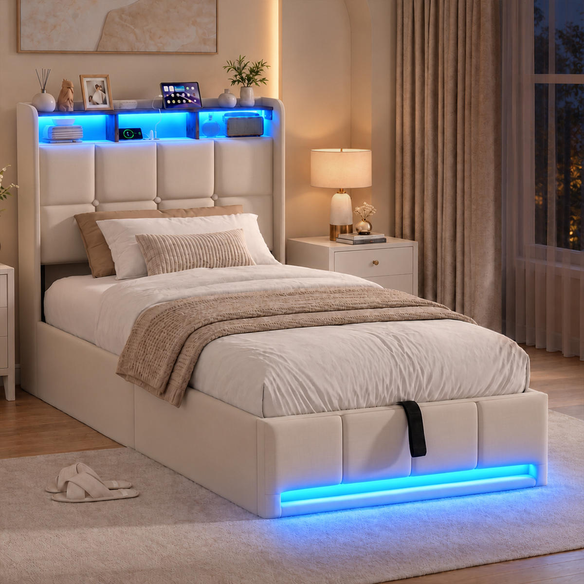 POLSTERBETT 90/200 cm，LED Bett Beige mit Stauraum & USB,Lattenrost,Leinen - Beige/Naturfarben, Holz/Textil (90/200cm) - FURNISHINGS HOME