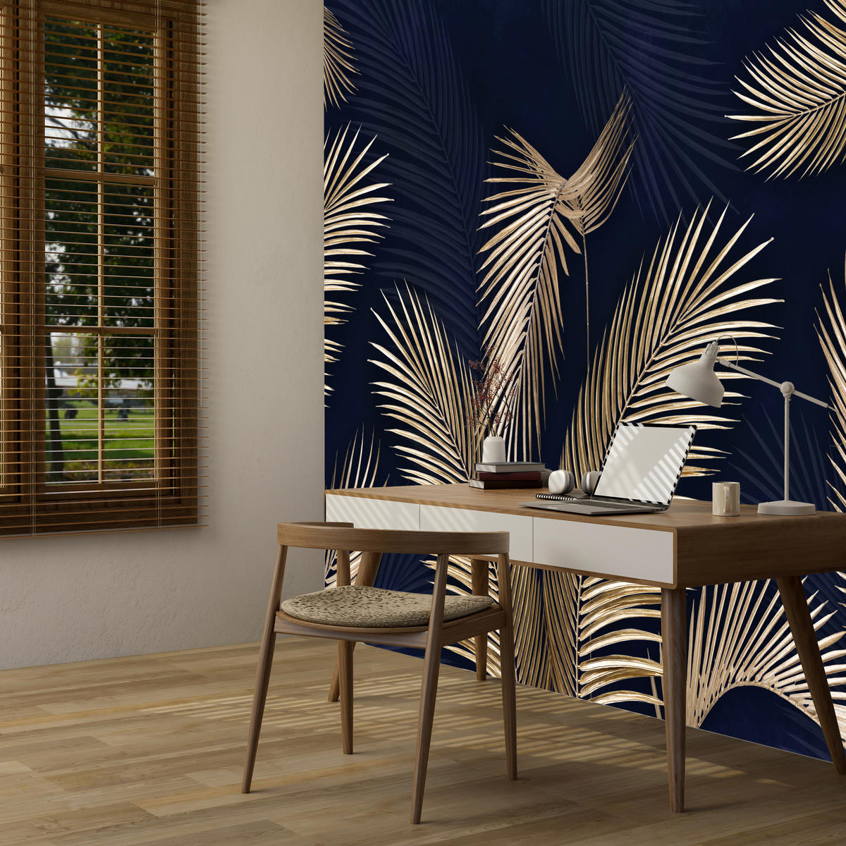FOTOTAPETE für Büro Palmenblätter auf dunklem Hintergrund Natur Pflanzen 500x350 - Blau/Gelb, Papier (500/350cm) - Muralo