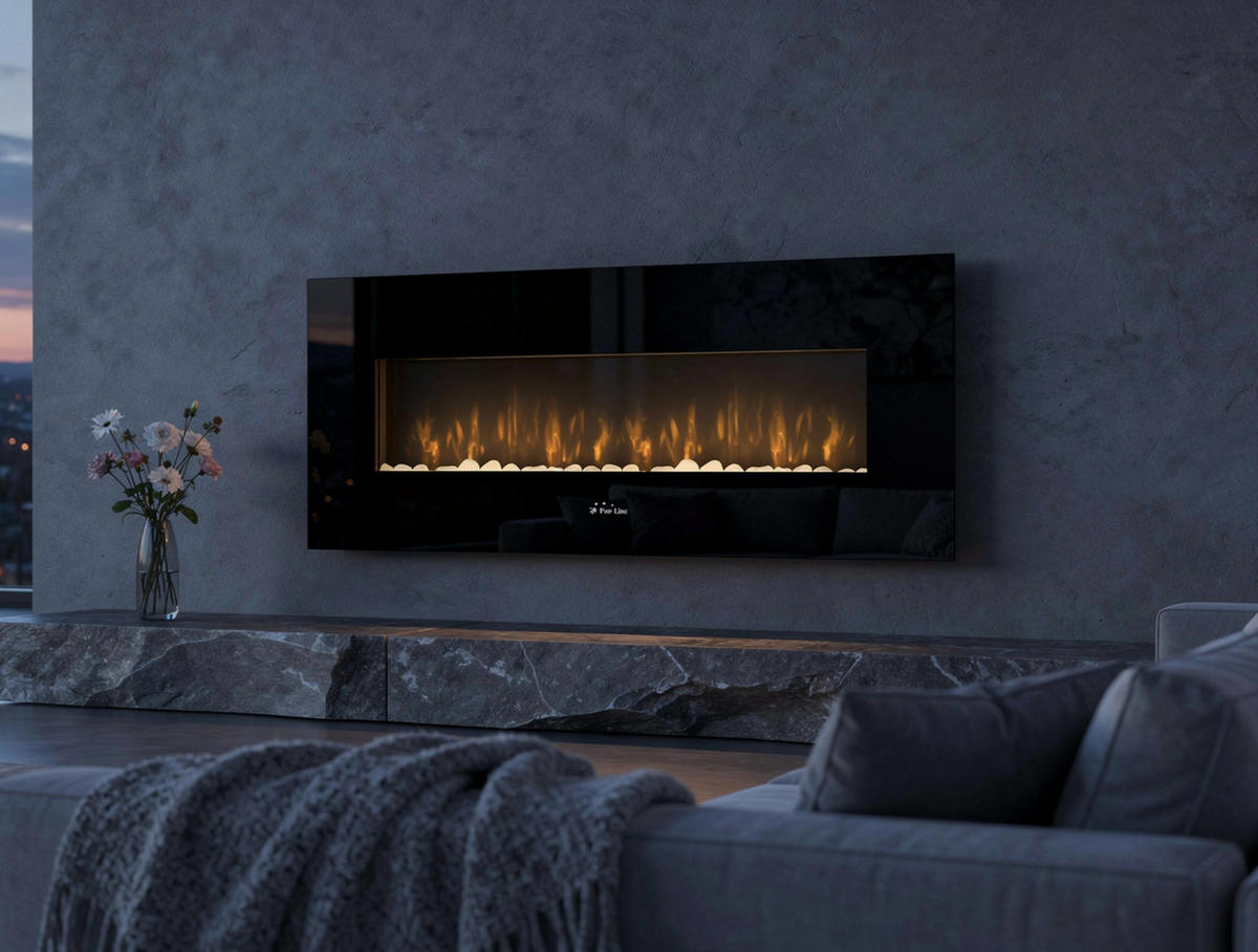 ELEKTROKAMIN Schwarz Wandmodell mit Heizung 2000 W - Schwarz, Glas (140/56/11cm) - Purline