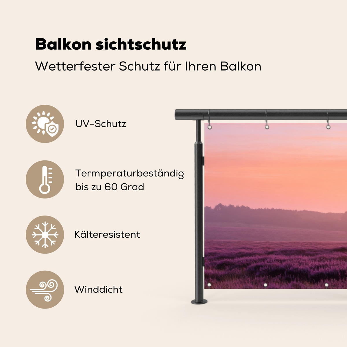 BALKON-SICHTSCHUTZ Baum - Heidekraut - Sonnenaufgang - Flieder, Kunststoff (200/90cm) - MuchoWow