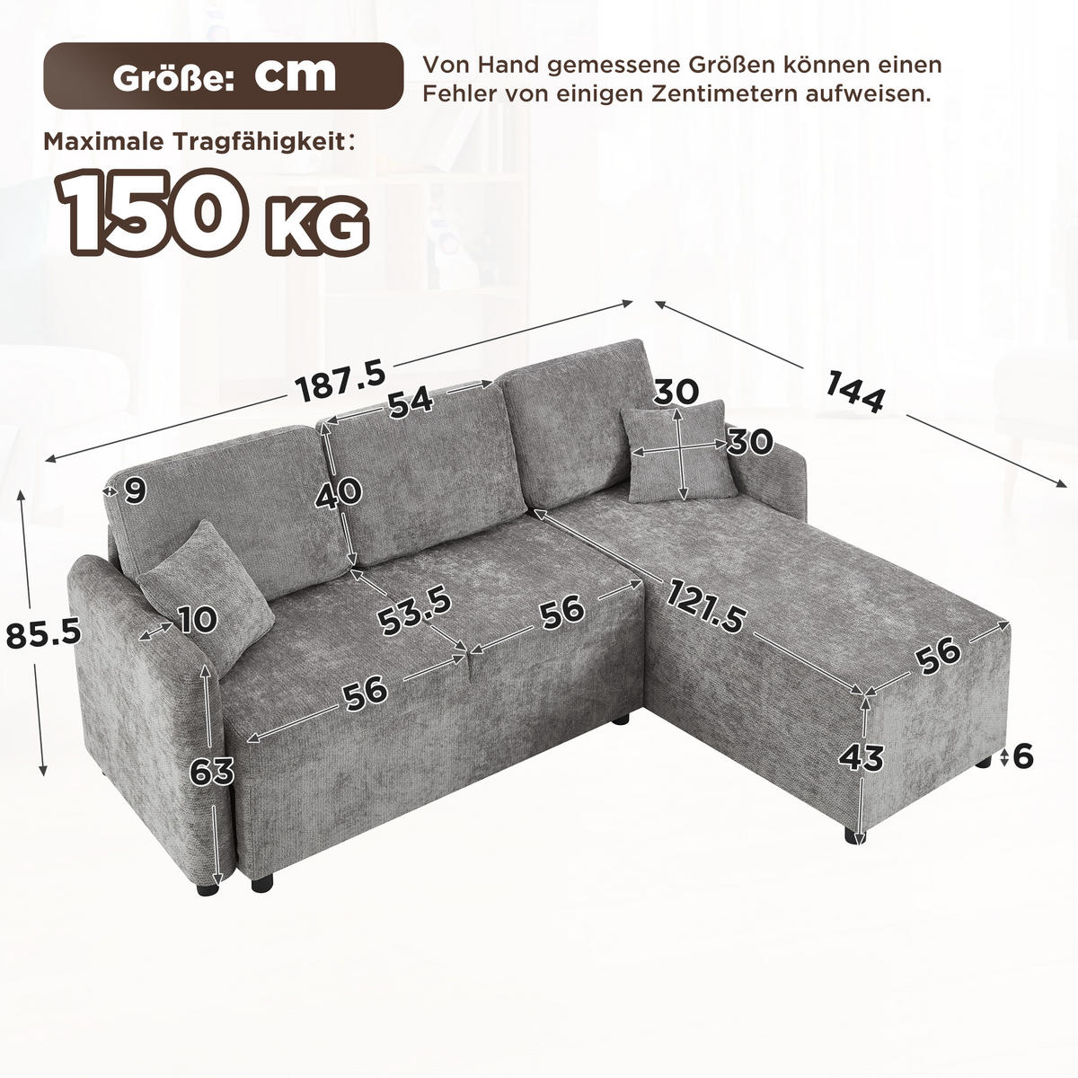 ECKSOFA 187.5/144/85.5 cm Grau Chenille mit 2 Kissen - Grau, Holz/Textil (187.5/144cm) - Oxeza