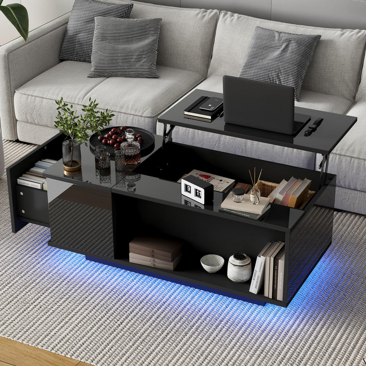 KONFERENČNÍSTOLEK 100x50cm Černý LED Zvedací Úložný - černá, dřevo (108.64/58.24/15.9cm) - FLIEKS