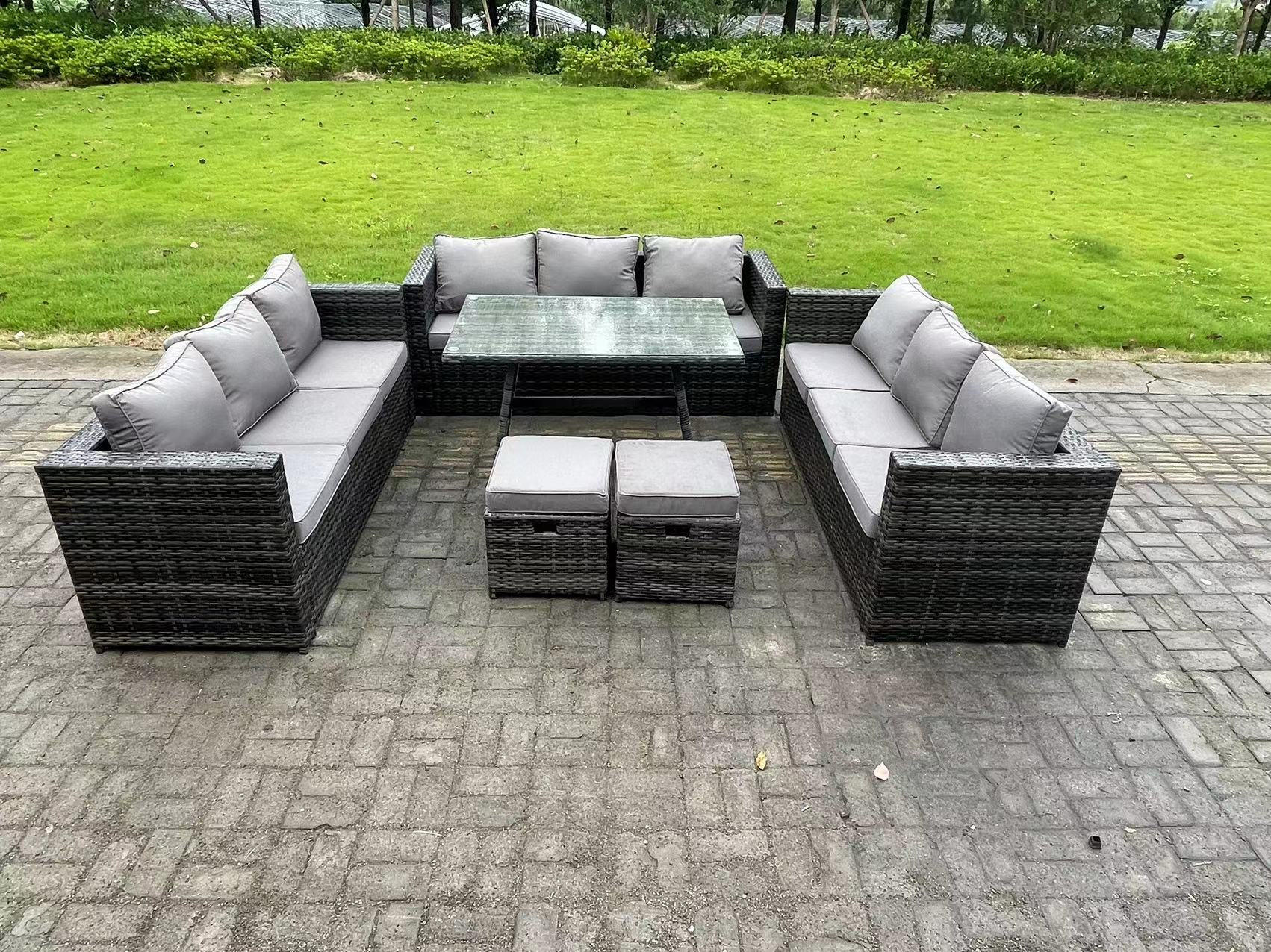 GARTENMÖBELSET mit Esstisch,Stuhl 11-Sitzer Grau - Dunkelgrau/Grau, Glas/Kunststoff - Fimous