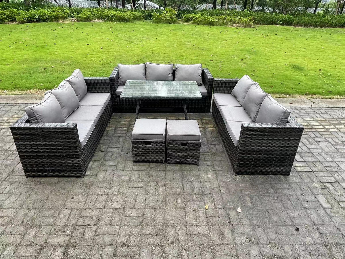 GARTENMÖBELSET mit Esstisch,Stuhl 11-Sitzer Grau - Dunkelgrau/Grau, Glas/Kunststoff - Fimous