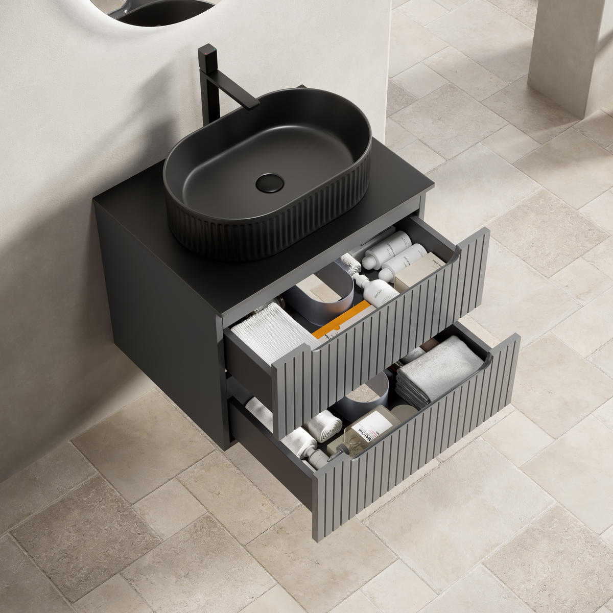 WASCHTISCHKOMBI 60x46x62.2cm Schwarz/Dunkelgrau mit ovalem Keramikbecken & 2 Schubladen - Grau, Keramik (60/62.2/46cm) - Modfu