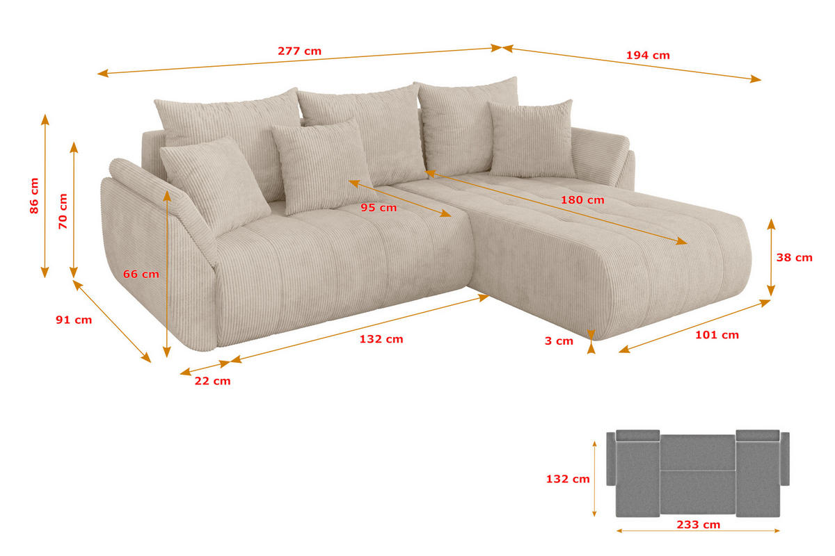 ROHOVÁ SEDAČKA s funkcí spaní, otoman vpravo TOKO-L 277x194x86 béžová manšestr - černá/béžová, kompozitní dřevo/textil (277/194cm) - ALTDECOR