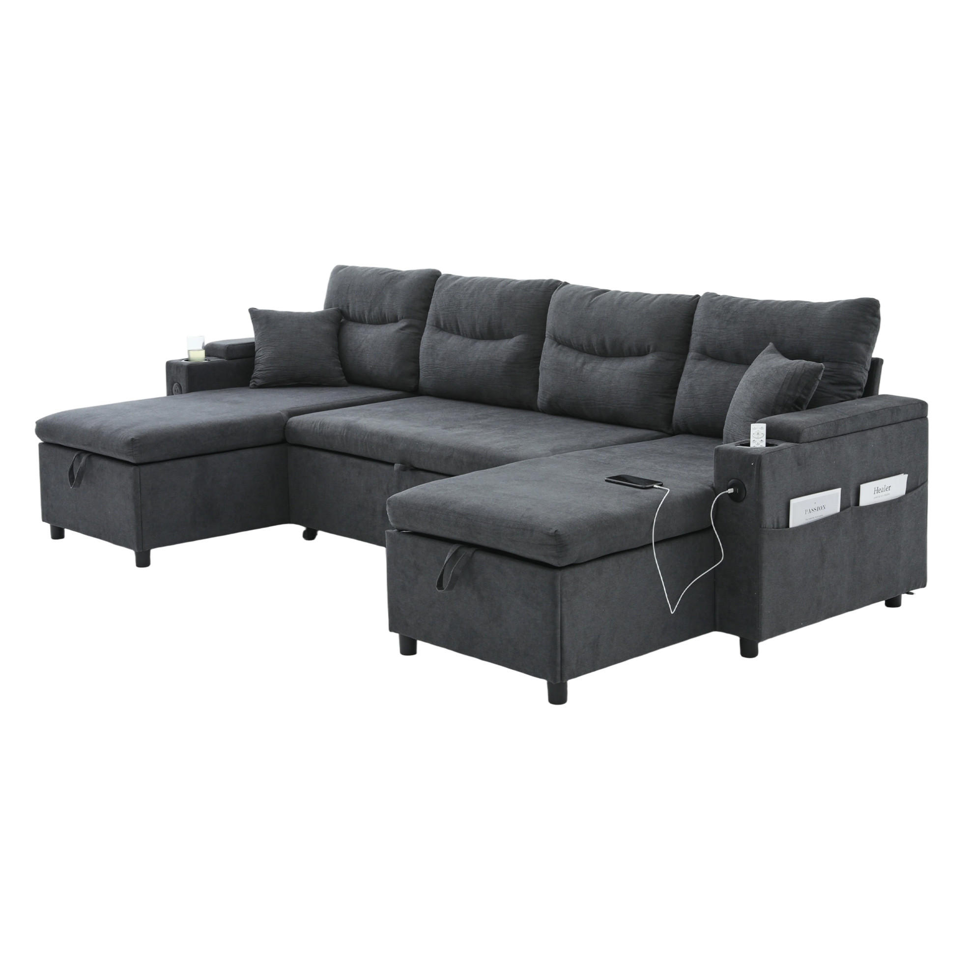 WOHNLANDSCHAFT Leinenstoff mit 2 Chaiselongues Stauraum und USB-Anschluss 272/136/86 cm Dunkelgrau - Dunkelgrau, Textil (136/86/272cm) - Redom
