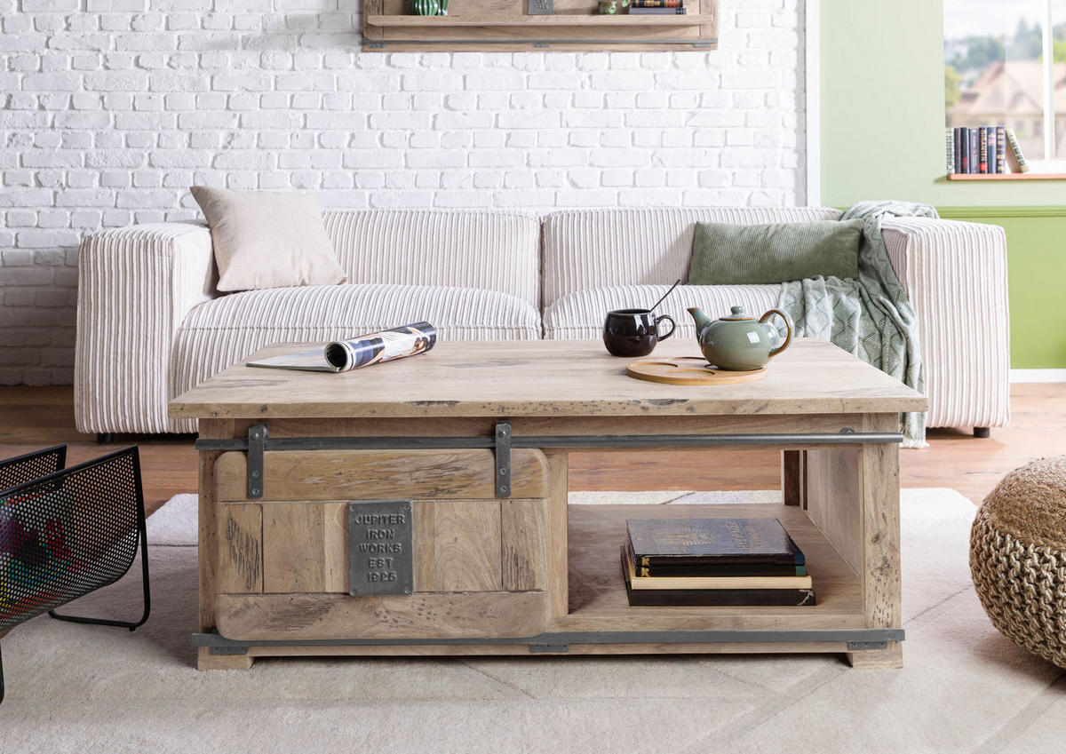 COUCHTISCH Mango 120x70x45 whitewash lackiert RAILWAY #3007 - Beige, Holz (120/70/45cm) - Massivmoebel24