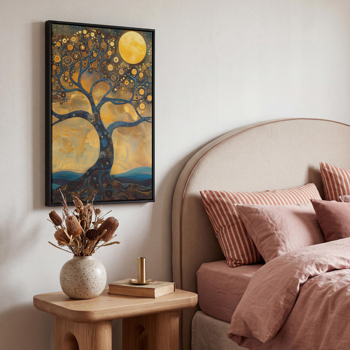 LEINWAND Bilder mit Rahmen - Baum - Mond - Blumen - Gold - Kunst - 40x60 - Orange, Textil (40/60cm) - MuchoWow
