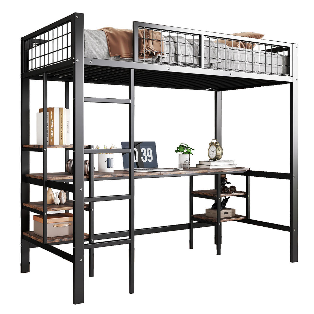 ETAGENBETT 90/200 cm schwarz aus Metall und Spanplatte mit Tisch und Regalen - Schwarz, Metall (90/200cm) - OKWISH