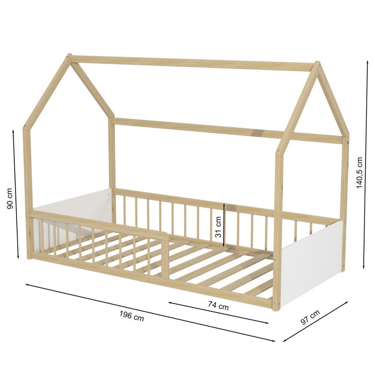 HAUSBETT BALOO / 90x190 cm + Lattenrost - Weiß und helles Holz - Naturfarben, Holz (90/190cm) - Weber Industries