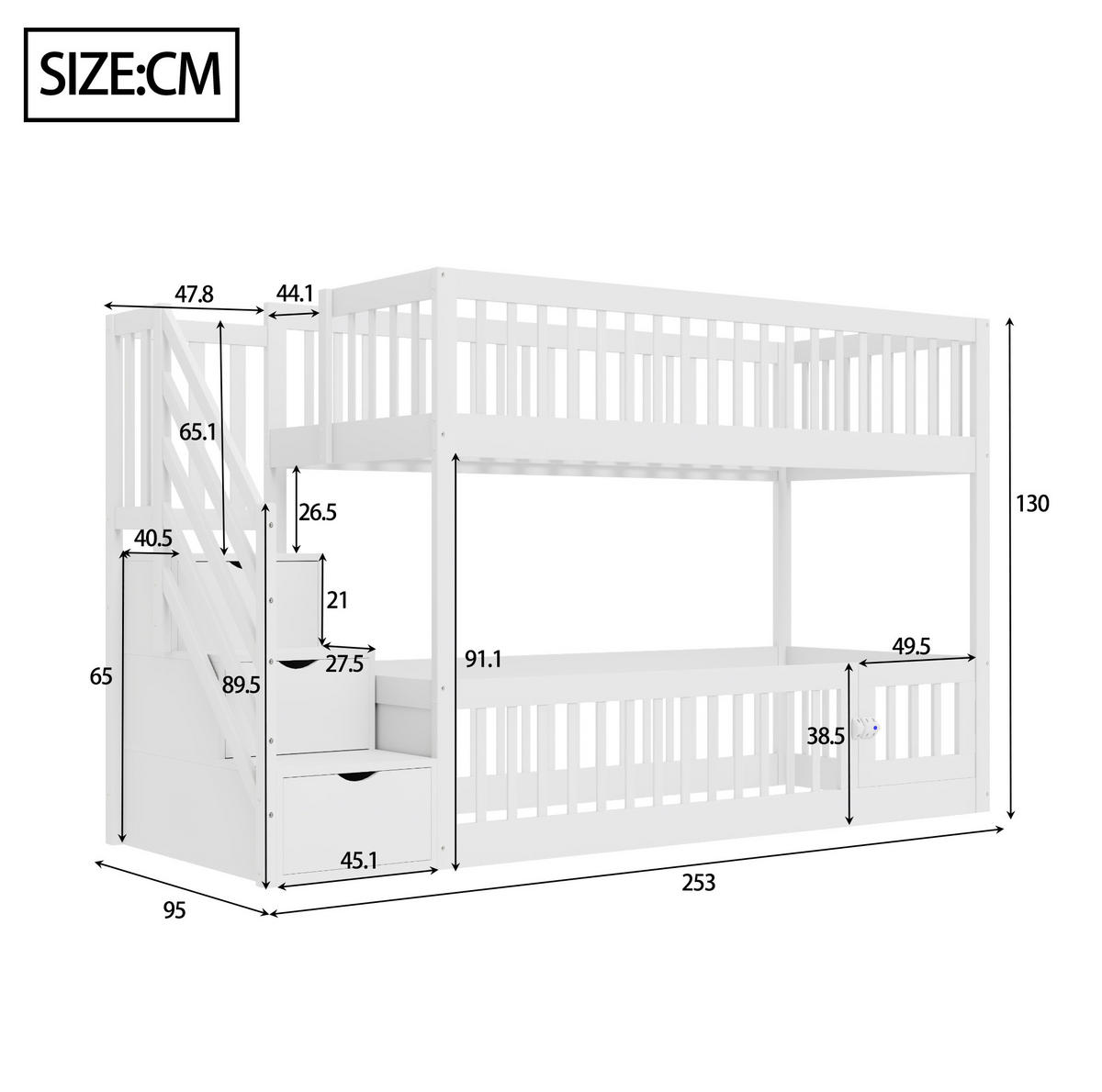 ETAGENBETT mit Stauraumtreppe 90x200 cm Massivholz Weiß - Weiß, Holzwerkstoff (90/200cm) - Beauniv