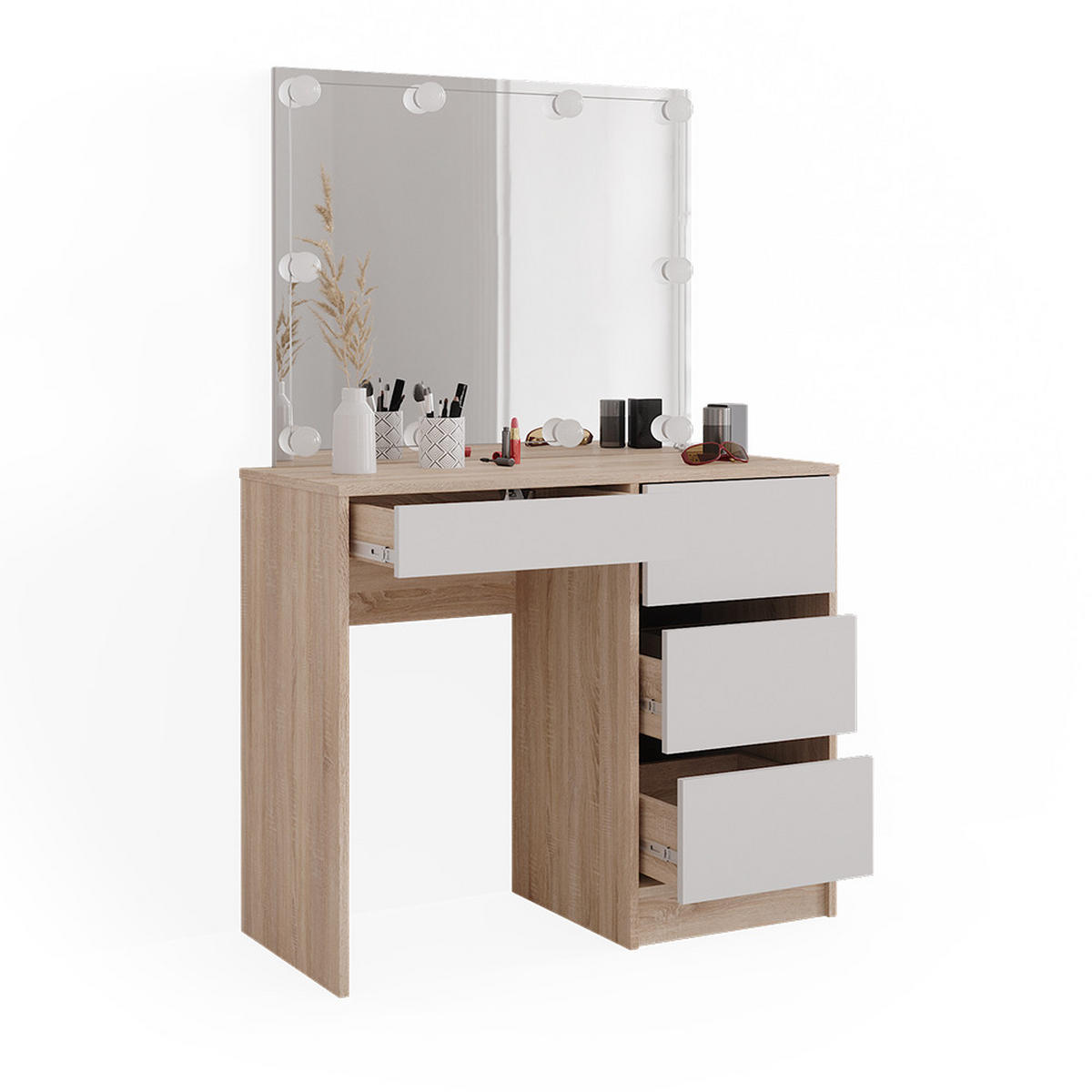 SCHMINKTISCH Sherry Sonoma 90 cm mit LED Beleuchtung - Weiß/Sonoma Eiche, Holzwerkstoff (90/75/40cm) - Vicco