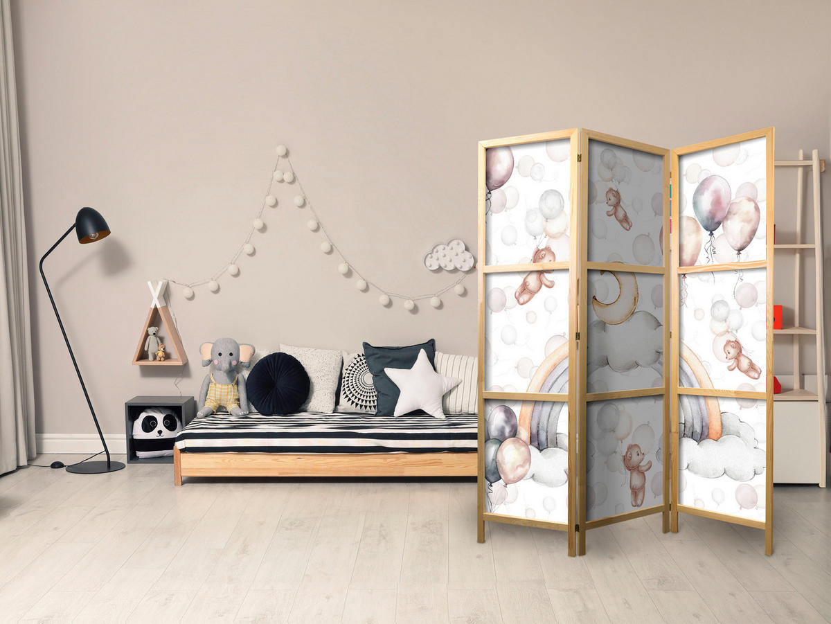 PARAVENT Japanischer 3-tlg 135x172 cm Teddyb ren und Ballons - Multicolor, Holz/Textil (135/172/3cm) - Muralo