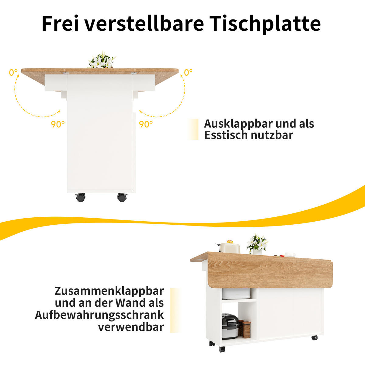 KÜCHENINSEL 120/30/79,5 cm aus MDF und Glas mit klappbarer Tischplatte Weiß - Weiß, Holzwerkstoff (120/79.5/70cm) - Modenvie
