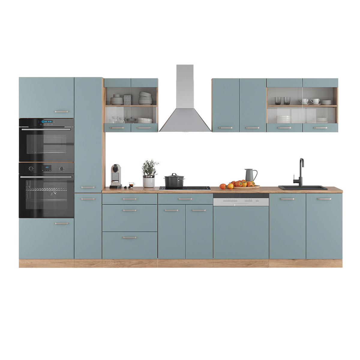 KÜCHENZEILE R-Line Blau-Grau/Goldkraft Eiche 350 cm mit Hochschrank AP Anthrazit - Eiche Wotan/Blaugrau, Holzwerkstoff (350/81.6/60cm) - Vicco