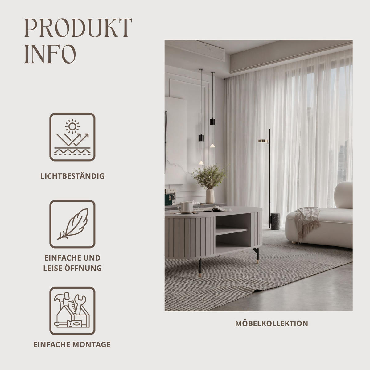 COUCHTISCH geriffelt, mit Ablage, Kaschmir - Kaschmir, Holzwerkstoff (47/104/56cm) - Idohome