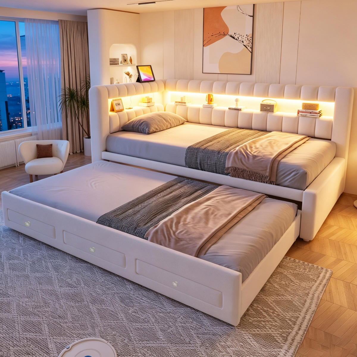 POLSTERBETT Schlafsofa aus Samt 90x190 cm Beige mit Ausziehbett, Stauraum, LED-Beleuchtung und USB-/Typ-C-Anschluss - Beige, Textil (90/190cm) - Modfu