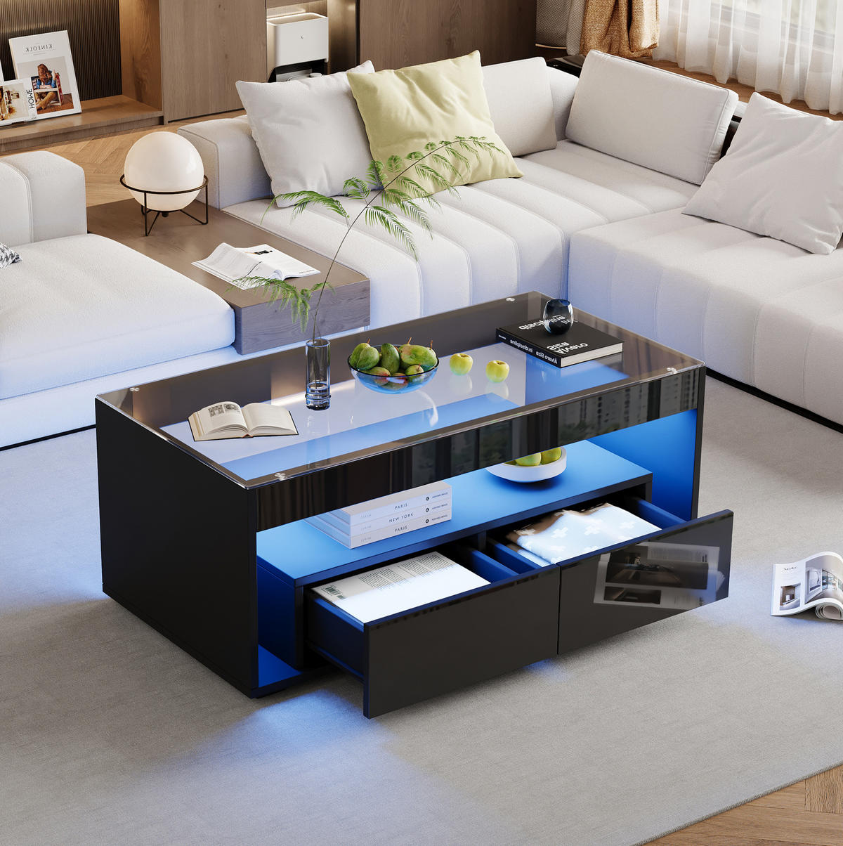 COUCHTISCH 100/50/40 cm in Schwarz mit LED-Beleuchtung und 2 Schubladen - Schwarz, Holzwerkstoff (100/50/40cm) - Flora Grace