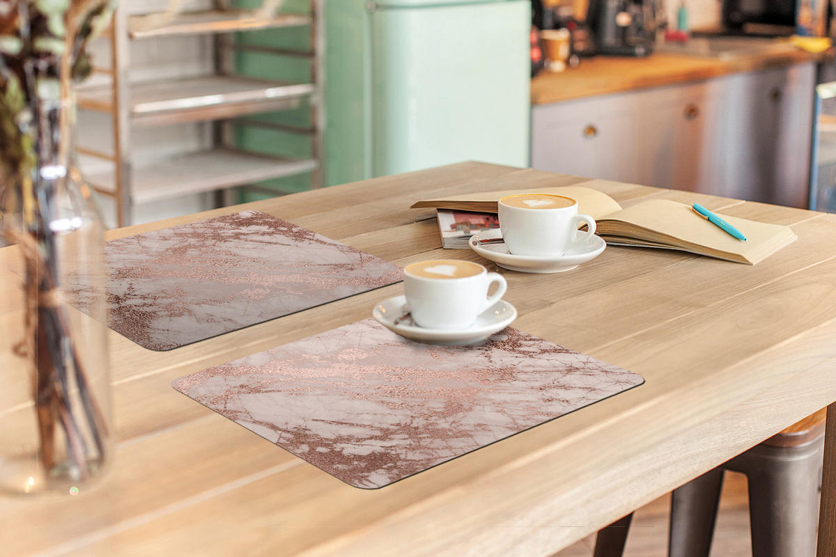 PLATZSETS 6er-Set Marmor - Rosa - Luxus - Marmoroptik - Glitzer - Design 45x30 cm Tischset - Roségold, Kunststoff (0.3/45/30cm) - MuchoWow