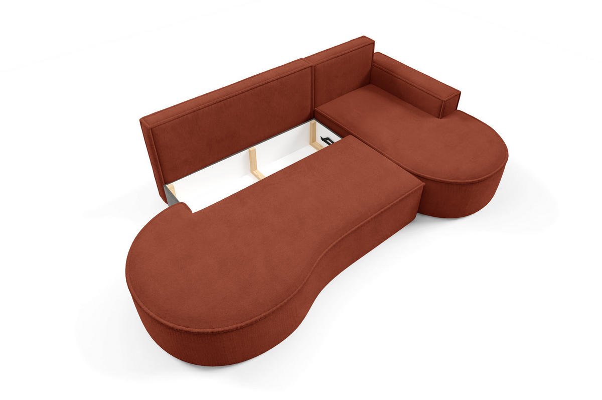 ECKSOFA MOLLY mit Schlaffunktion – Halbrund, freistehend, Liegefläche 140x207 cm, 3 Kissen, Curio-Stoff, 277x157x88 cm, Rechts, Braun - Rotbraun, Holz/Textil (277/157cm) - DomoHome
