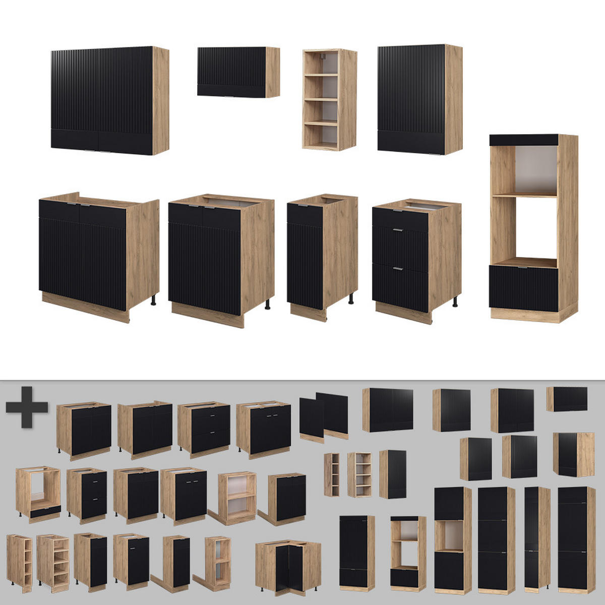 KÜCHENZEILE Fame-Line, Schwarz gestreift/Goldkraft Eiche, 280 cm, AP Eiche - Honigeiche/Schwarz, Holzwerkstoff (280/81.6/60cm) - Vicco