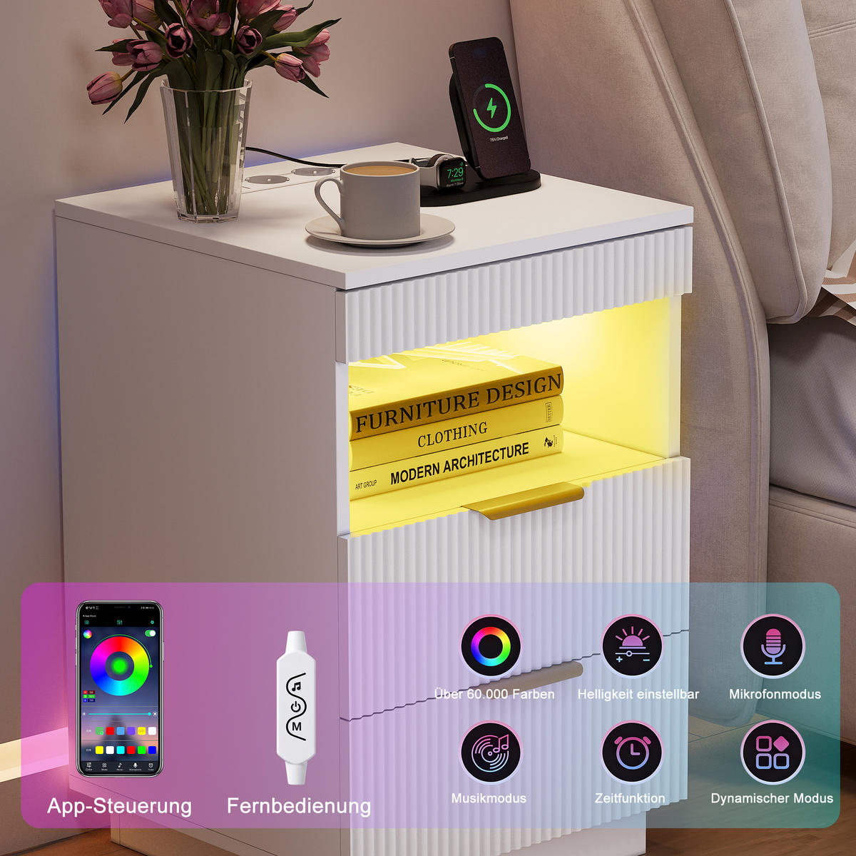 NACHTSHRANK Weiß mit LED-Beleuchtung, Steckdose, USB & Type-C, Nachttisch mit 2 Schubladen, 40/40/60 cm - Goldfarben/Weiß, Holz/Metall (40/60/40cm) - BPKADHY