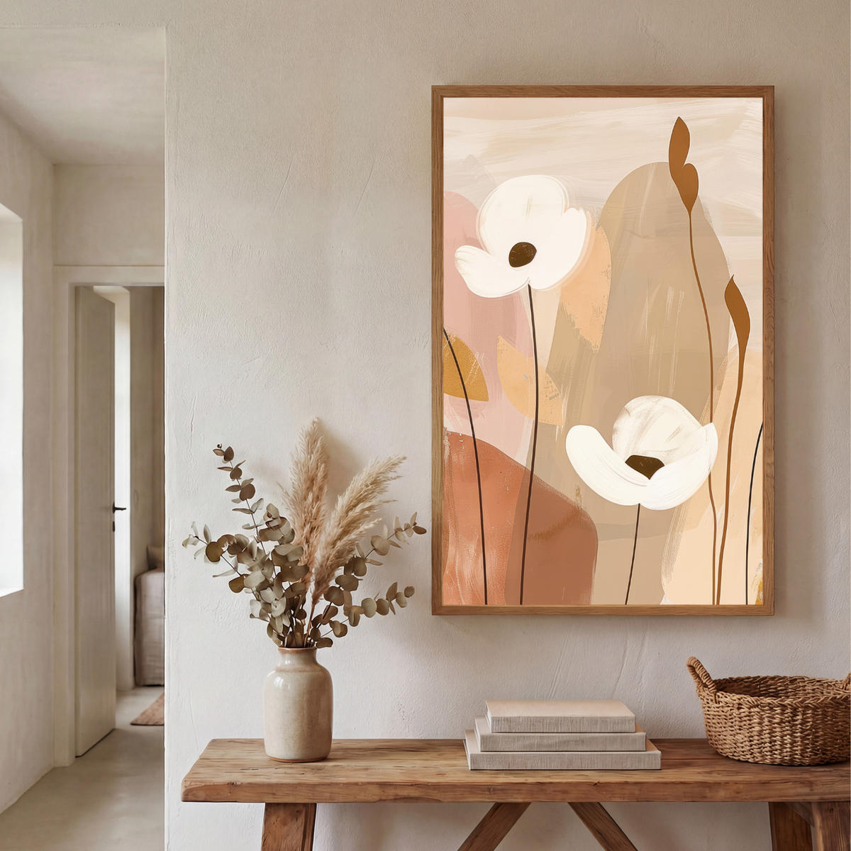 WANDLEUCHTE MIT AKKU Blumen - Abstrakt - Beige - Strichzeichnung 70x100 cm - Sandfarben, Holzwerkstoff (70/100/8cm) - OnlyWow