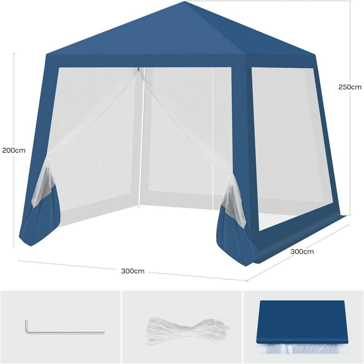 PAVILLON 3x3 m, Gartenpavillon mit Seitenwänden Moskitonetz - Blau, Metall (300/250/300cm) - Woltu