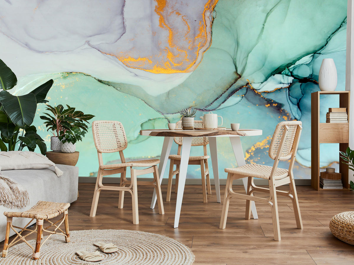 FOTOTAPETE für Badezimmer Blauer Marmor Goldadern Vintage 350x256 - Violett/Grün, Papier (350/256cm) - Muralo