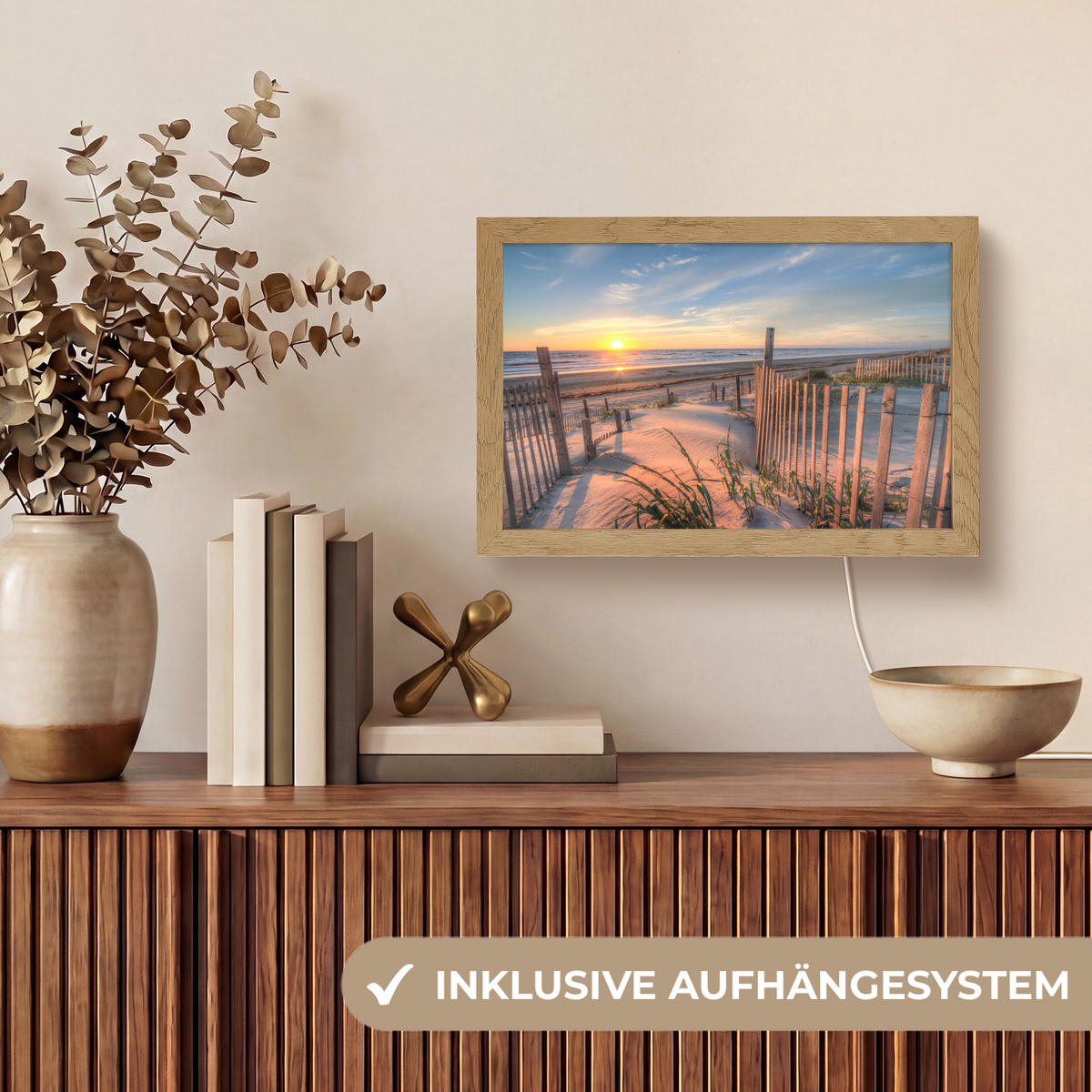 TISCHLEUCHTE Strand - Meer - Düne - Sonnenuntergang - Landschaft 30x20 cm - Creme, Holzwerkstoff (8/30/20cm) - OnlyWow