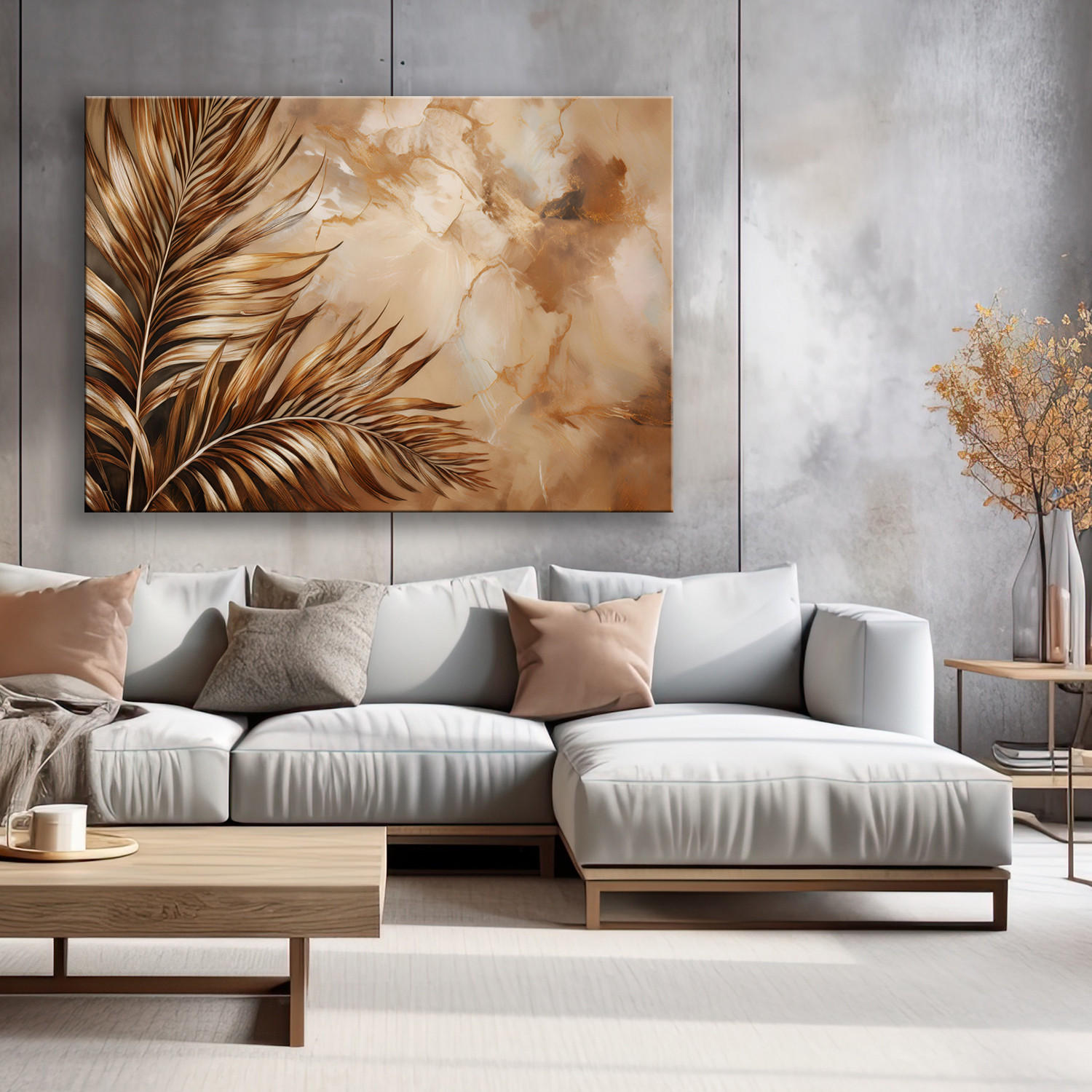 WANDBILD glamour palmblätter marmor sepia - Beige, Textil (60/40cm) - Feeby