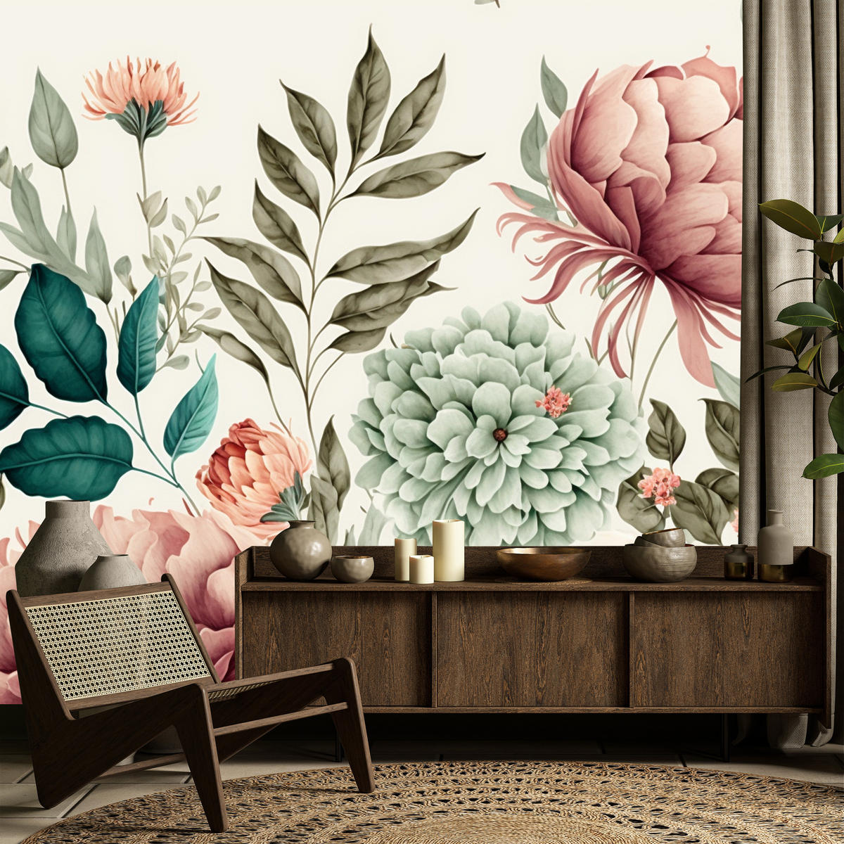 FOTOTAPETA Pre Spálňu Pastelové Pivonky Kvety Listy 200 x 140 cm - modrá/zelená, papier (200/140cm) - Muralo