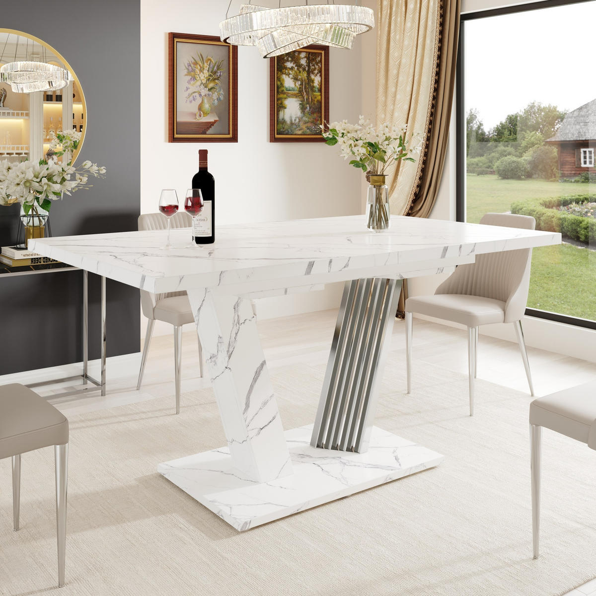 ESSTISCH 120/160/80/76 cm in Weiß mit Marmoroptik und Ausziehfunktion - Weiß, Holzwerkstoff (120/80/76cm) - Flora Grace