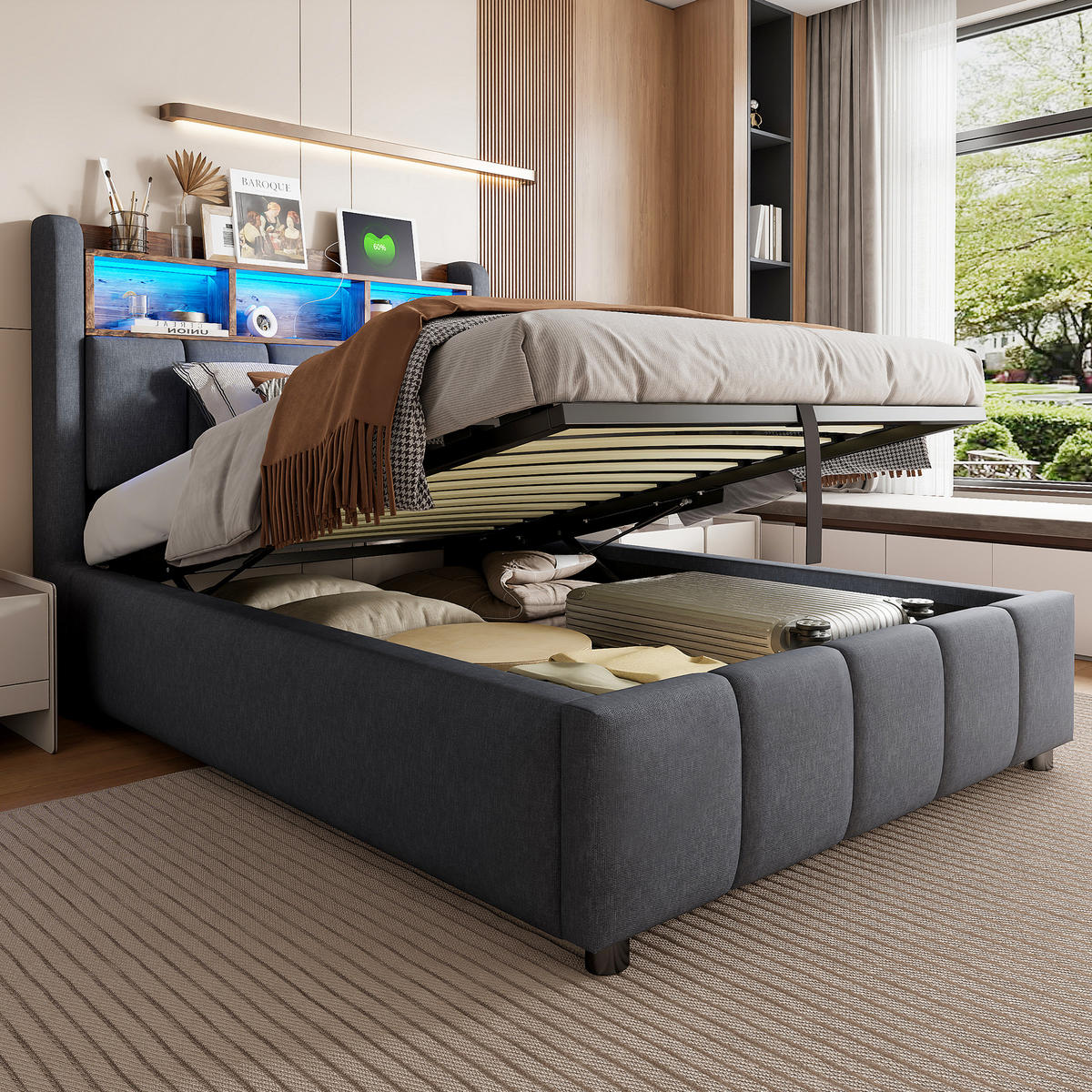 POLSTERBETT 90/200 cm Grau mit LED-Beleuchtung und USB-Anschluss aus Leinenstoff - Grau, Textil (90/200cm) - OKWISH