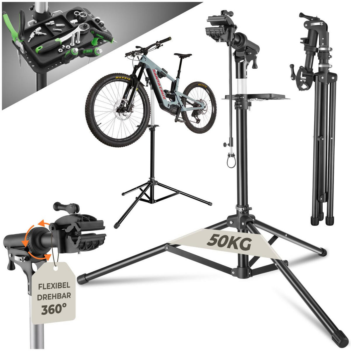 FAHRRADMONTAGESTÄNDER Tristan, inklusive Vorderrad-Stabilisator, schwarz - Schwarz, Textil (120/180/138cm) - tectake