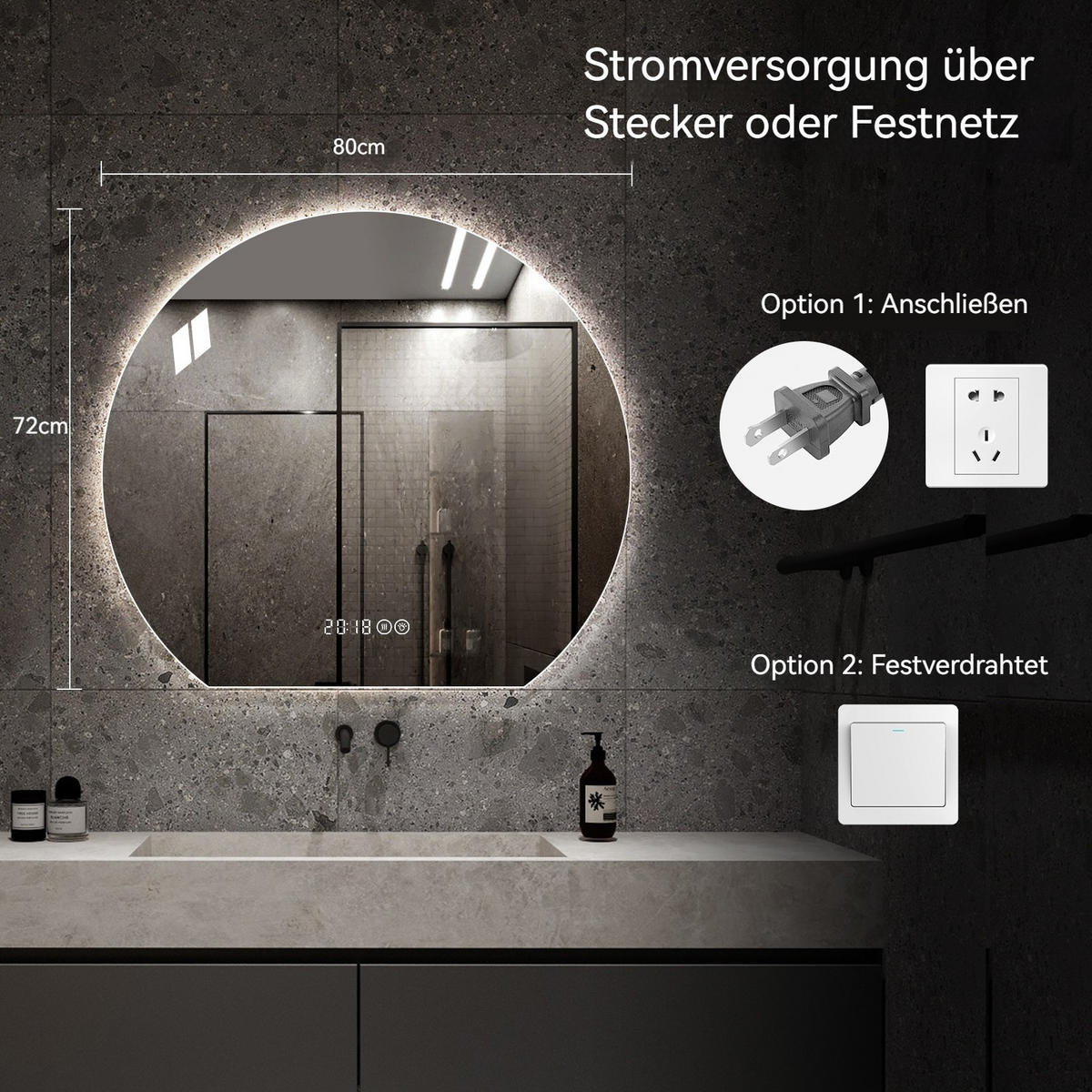 WANDSPIEGEL 72/3/80 cm silber aus Glas und Metall mit LED, Antibeschlag und Dimmfunktion - Silberfarben, Holzwerkstoff (2.5/80/72cm) - OKWISH